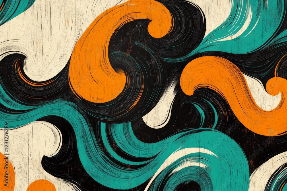 Poster Colorful abstract swirls with bold hues create a dynamic pattern on a textured background
