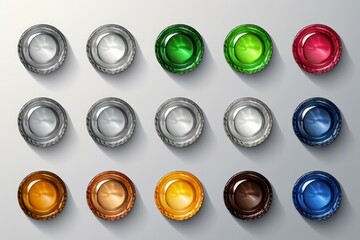 Fifteen colorful round buttons arranged on a gray background, creating a vibrant palette of colors