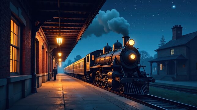 A lone figure awaits the arrival of a steam locomotive at a tranquil nighttime train station, under a starlit sky.