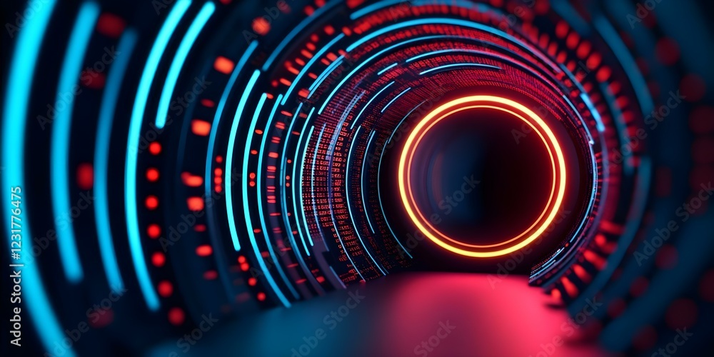 Poster a futuristic tunnel with glowing blue and red lines, creating a striking neon effect that draws the 