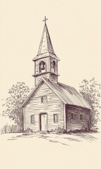 A Simple Country Church Drawing With A Steeple