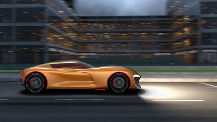 Ein Sportwagen fährt mit hoher Geschwindigkeit durch die Stadt