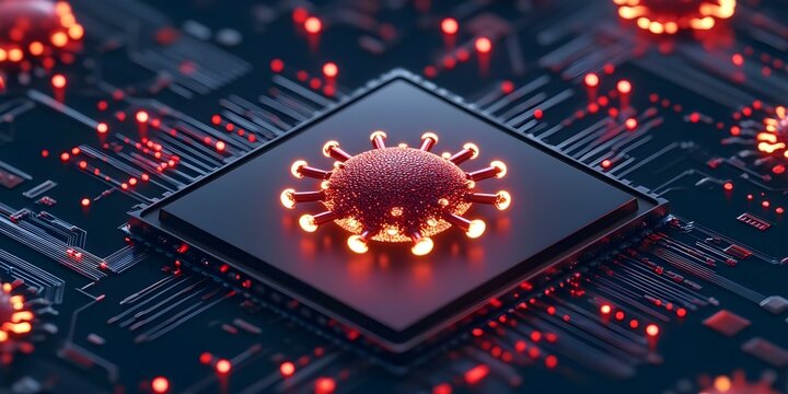 A digital depiction of a virus, resembling a coronavirus, overlaid on a circuit board background, symbolizing technology and health. Concept Virus Illustration, Coronavirus Design