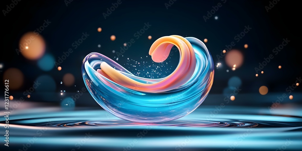 Poster a colorful, fluid-shaped object appears to swirl above a reflective surface, surrounded by soft boke