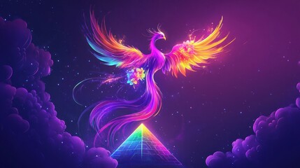 Colorful phoenix rising above pyramid, cosmic clouds. Fantasy art, design