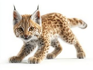 Fototapeta premium Crouching lynx kitten in studio animal photography detailed portrait white background playful mood