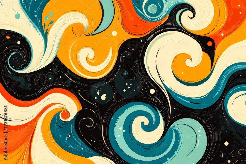 Poster Colorful swirling patterns create a dynamic visual effect with bold hues and fluid movement in a captivating abstract design