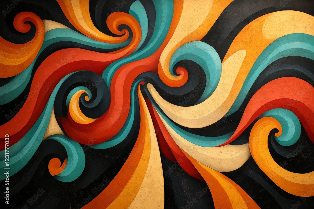 Poster Colorful swirling abstract design with bold shapes and vibrant tones creating dynamic movement