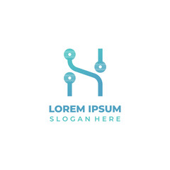 Vector technology logo with initial letter h, lineart style, gradient blue to mint. Letter h icon