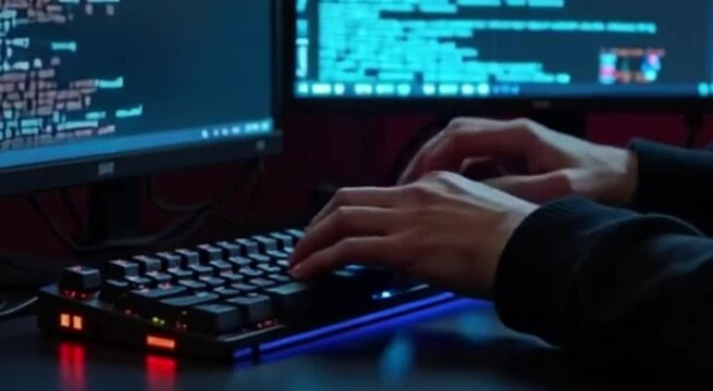 Hacker at Work: Fingers Flying Over a Mechanical Keyboard as Binary Code and Cryptic Symbols Illuminate the Screen
