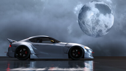 Sportwagen vor einem Vollmond