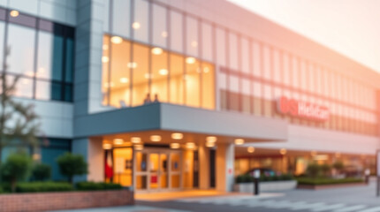Modern hospital exterior blurred in the background with an empty space to add text about healthcare services