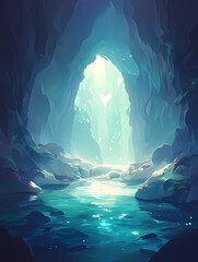 Serene underwater cave, glowing with ethereal light. A mystical heart-shaped light shines from the cave's opening.