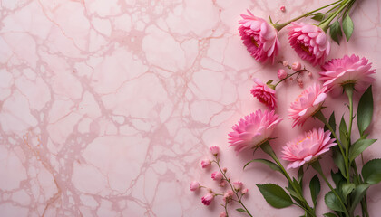 Pink Flower Backdrop with Green Leaves and Marble Background