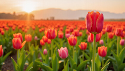 Obraz premium Vibrant tulip standing tall in sunset field, nature's beauty