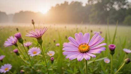 Obraz premium Delicate wildflowers blooming in serene morning meadow, natural beauty