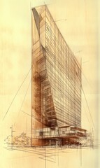 Obraz premium Architectural Sketch of Modern Glass Building Design
