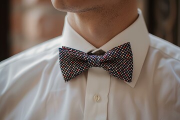 Close up of a stylish bow tie worn by a man in a crisp white shirt, exuding sophistication and attention to detail