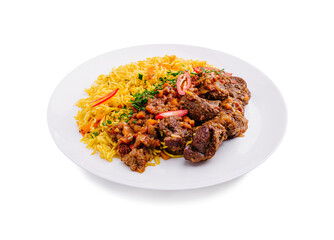 Savory beef stew served with fragrant yellow rice and fresh herbs garnished with red pepper slices
