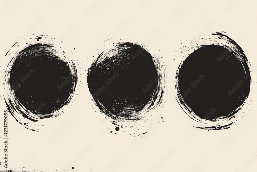 Aufkleber Abstract black circles with rough edges on a light background depict artistic expression and creativity