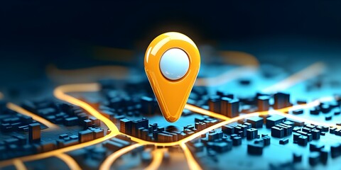 A 3D rendering of a yellow location pin hovering above a stylized city map with illuminated pathways. Concept 3D Location Pin, Stylized City Map, Illuminated Pathways, Urban Navigation