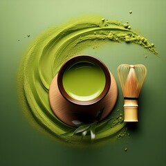 A sleek, minimalist matcha poster featuring a modern, matte green background A delicate swirl of matcha powder forms a circular Zen-inspire serenity