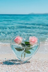 Pink roses in heart vase, beach, ocean, summer, romance, travel, card