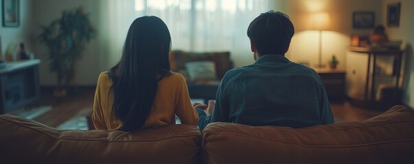 Family problem concept, Close-up hands of Asian wife sitting on sofa and husband sitting back to back in the living room at home have problems in a relationship and have an