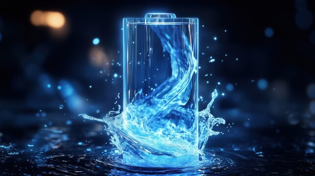 A blue solid-state battery element emerging from a liquid electrolyte, symbolizing solid-state battery technology