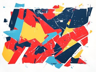 Bold digital composition with fragmented shapes in vivid red, blue, and yellow tones on white