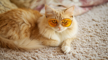 Persian cat wearing glasses on carpet. Perfect for pet fashion accessories, animal intelligence, and sophisticated pet portraits.