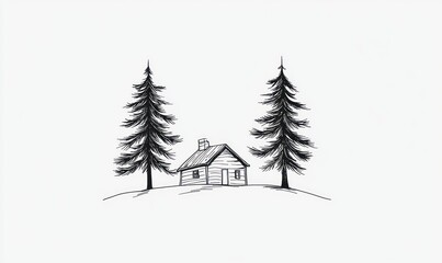 Fototapeta premium A Cabin Nestled Between Two Tall Pine Trees
