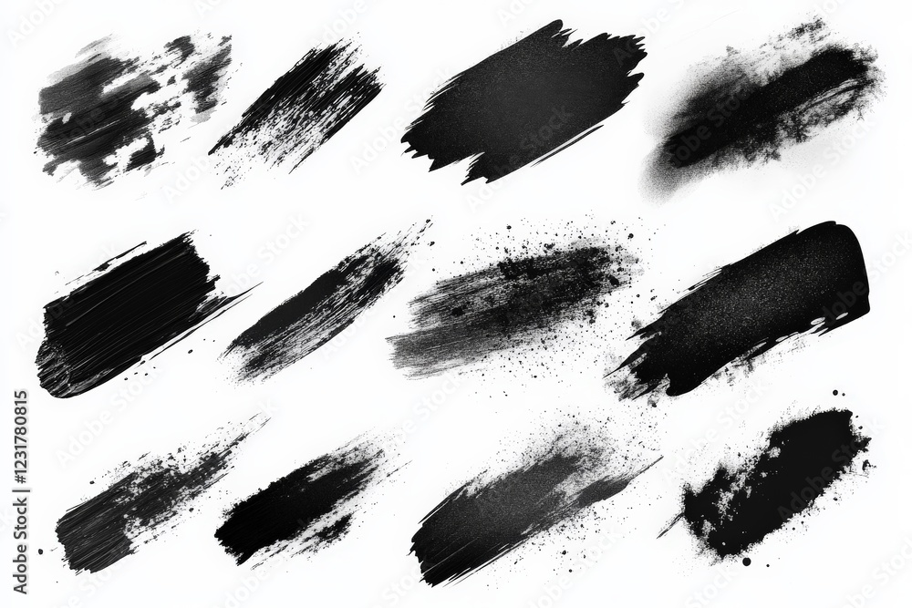 Poster black paint strokes showcasing different textures and techniques on a clean white background