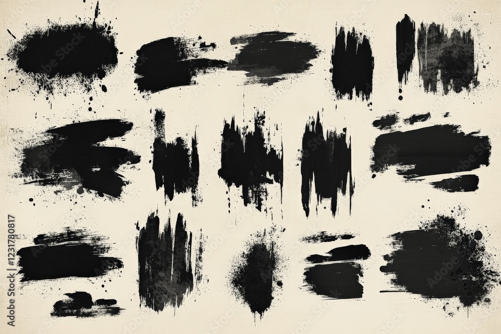Poster collection of black ink splashes and strokes on a beige background for artistic design and creativit