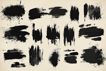 Collection of black ink splashes and strokes on a beige background for artistic design and creativity