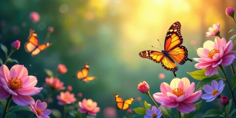 Serene Garden Scene with Vibrant Butterflies and Delicate Blossoms in Soft Sunlight
