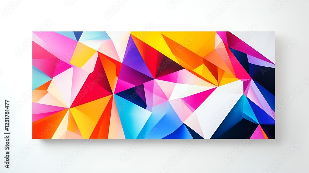 Poster bold modern design with colorful polygonal shapes creating depth on a white minimalist background