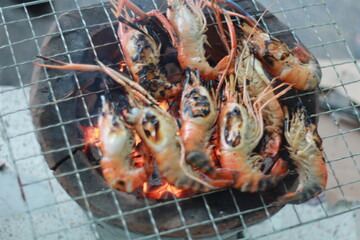  Raw Shrimp on Grill with Charcoal Background