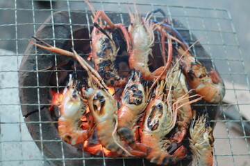  Raw Shrimp on Grill with Charcoal Background
