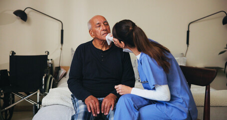 Cleaning, healthcare or hygiene with nurse and patient in assisted living for medical help. Cotton...