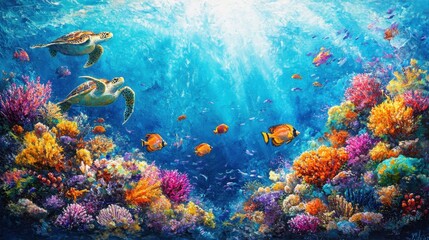 Fototapeta premium Underwater coral reef with colorful fish and sea life, a vibrant marine landscape. An ocean underwater scene with sunlight filtering through the water 
