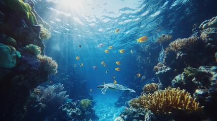Underwater coral reef with colorful fish and sea life, a vibrant marine landscape. An ocean underwater scene with sunlight filtering through the water
