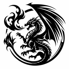 Majestic dragon silhouette in a fierce flying pose, with spread wings and fire breath