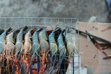  Raw Shrimp on Grill with Charcoal Background