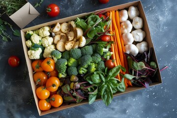 Vibrant, assorted fresh vegetables and herbs arranged in a cardboard box, suggesting a convenient and healthy delivery service