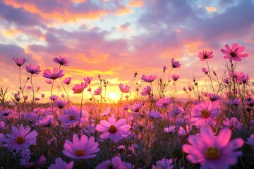 A field of flowers under a sky painted with a dramatic sunset, glowing softly in the evening light.
