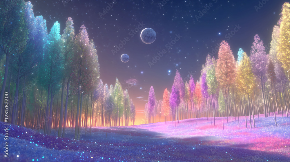 Poster explore a cosmic forest filled with towering iridescent trees under a starry sky at twilight. genera