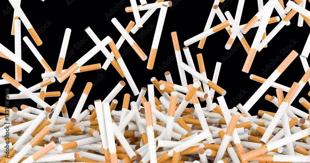 Poster cigarettes falling and fill the screen. 3d animation on transparent background