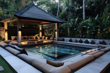 A large pool with a bamboo roof and many pillows