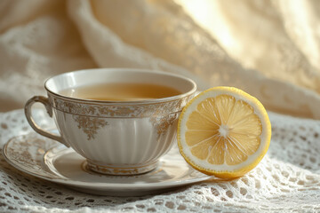 Delicate tea cup accompanied by a lemon slice on a lace tablecloth